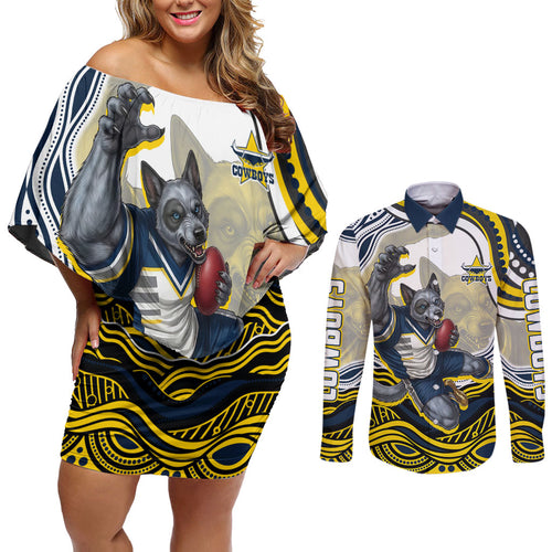 Personalized Melbourne Storm Couples Matching Off Shoulder Short Dress and Long Sleeve Button Shirt Aboriginal Dot Art - Dreamtime Rugby Mascot