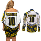 Personalized Melbourne Storm Couples Matching Off Shoulder Short Dress and Long Sleeve Button Shirt Aboriginal Dot Art - Dreamtime Rugby Mascot