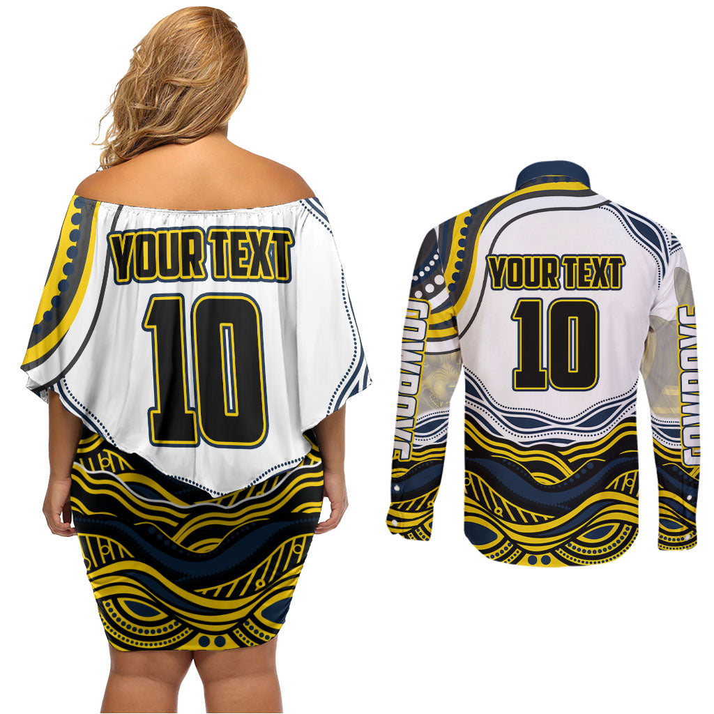 Personalized Melbourne Storm Couples Matching Off Shoulder Short Dress and Long Sleeve Button Shirt Aboriginal Dot Art - Dreamtime Rugby Mascot