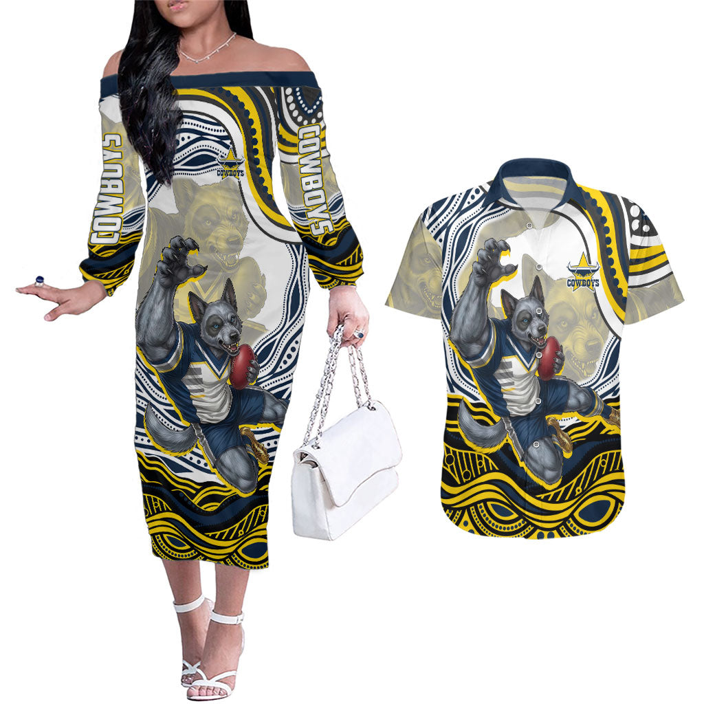Personalized Melbourne Storm Couples Matching Off The Shoulder Long Sleeve Dress and Hawaiian Shirt Aboriginal Dot Art - Dreamtime Rugby Mascot