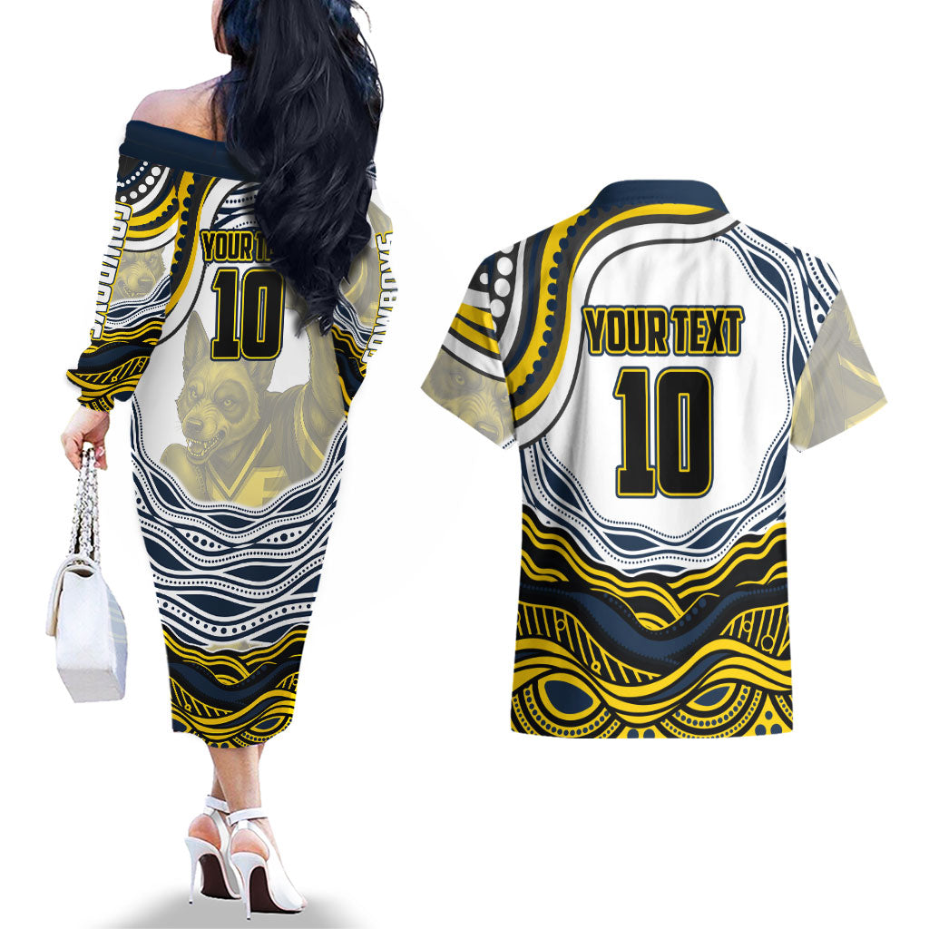 Personalized Melbourne Storm Couples Matching Off The Shoulder Long Sleeve Dress and Hawaiian Shirt Aboriginal Dot Art - Dreamtime Rugby Mascot