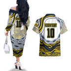 Personalized Melbourne Storm Couples Matching Off The Shoulder Long Sleeve Dress and Hawaiian Shirt Aboriginal Dot Art - Dreamtime Rugby Mascot