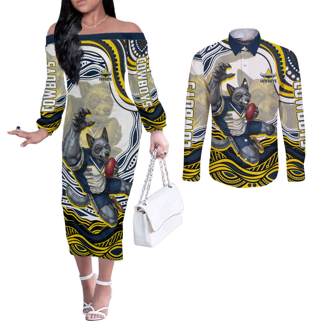 Personalized Melbourne Storm Couples Matching Off The Shoulder Long Sleeve Dress and Long Sleeve Button Shirt Aboriginal Dot Art - Dreamtime Rugby Mascot