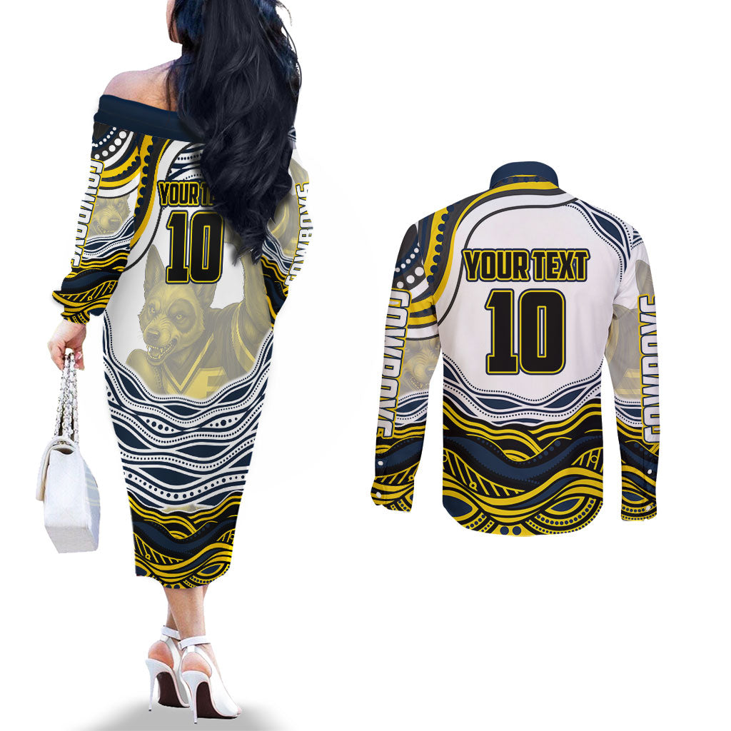 Personalized Melbourne Storm Couples Matching Off The Shoulder Long Sleeve Dress and Long Sleeve Button Shirt Aboriginal Dot Art - Dreamtime Rugby Mascot
