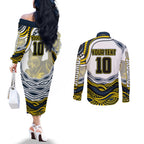 Personalized Melbourne Storm Couples Matching Off The Shoulder Long Sleeve Dress and Long Sleeve Button Shirt Aboriginal Dot Art - Dreamtime Rugby Mascot