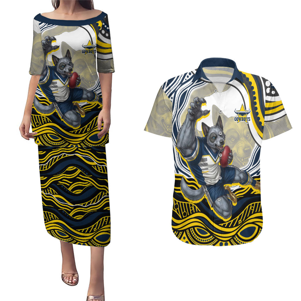 Personalized Melbourne Storm Couples Matching Puletasi and Hawaiian Shirt Aboriginal Dot Art - Dreamtime Rugby Mascot