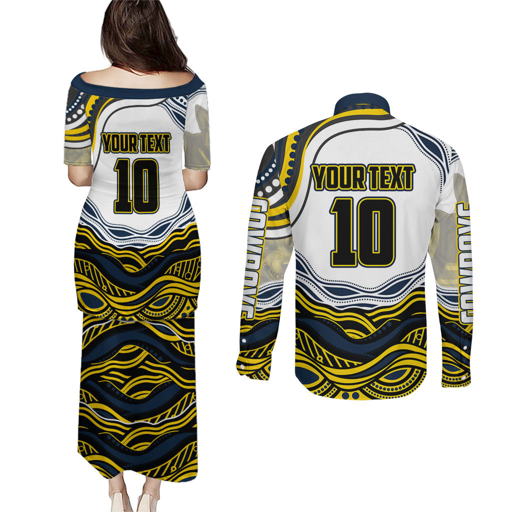 Personalized Melbourne Storm Couples Matching Puletasi and Long Sleeve Button Shirt Aboriginal Dot Art - Dreamtime Rugby Mascot