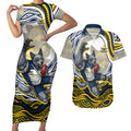 Personalized Melbourne Storm Couples Matching Short Sleeve Bodycon Dress and Hawaiian Shirt Aboriginal Dot Art - Dreamtime Rugby Mascot