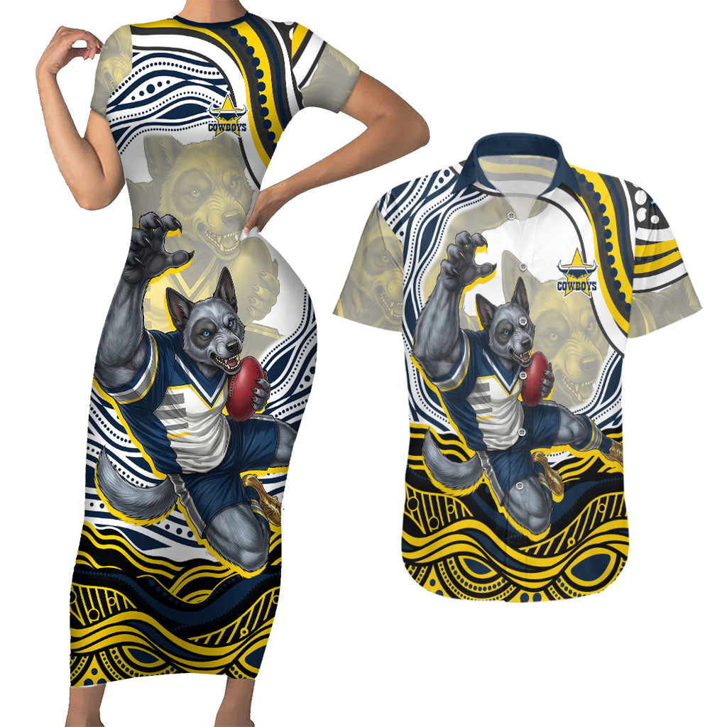 Personalized Melbourne Storm Couples Matching Short Sleeve Bodycon Dress and Hawaiian Shirt Aboriginal Dot Art - Dreamtime Rugby Mascot