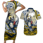 Personalized Melbourne Storm Couples Matching Short Sleeve Bodycon Dress and Hawaiian Shirt Aboriginal Dot Art - Dreamtime Rugby Mascot