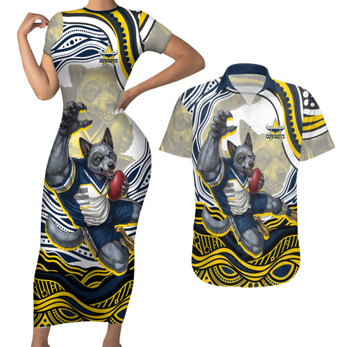 Personalized Melbourne Storm Couples Matching Short Sleeve Bodycon Dress and Hawaiian Shirt Aboriginal Dot Art - Dreamtime Rugby Mascot