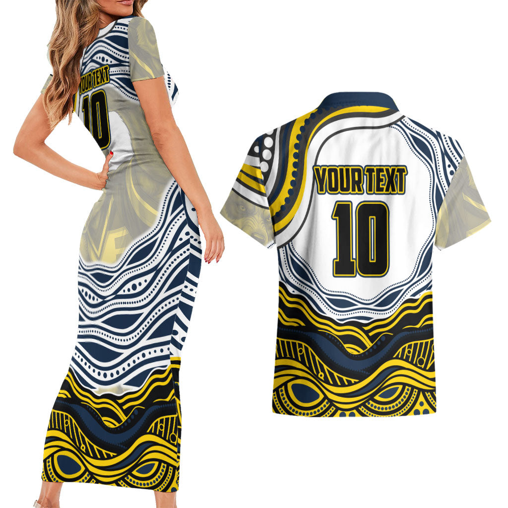 Personalized Melbourne Storm Couples Matching Short Sleeve Bodycon Dress and Hawaiian Shirt Aboriginal Dot Art - Dreamtime Rugby Mascot