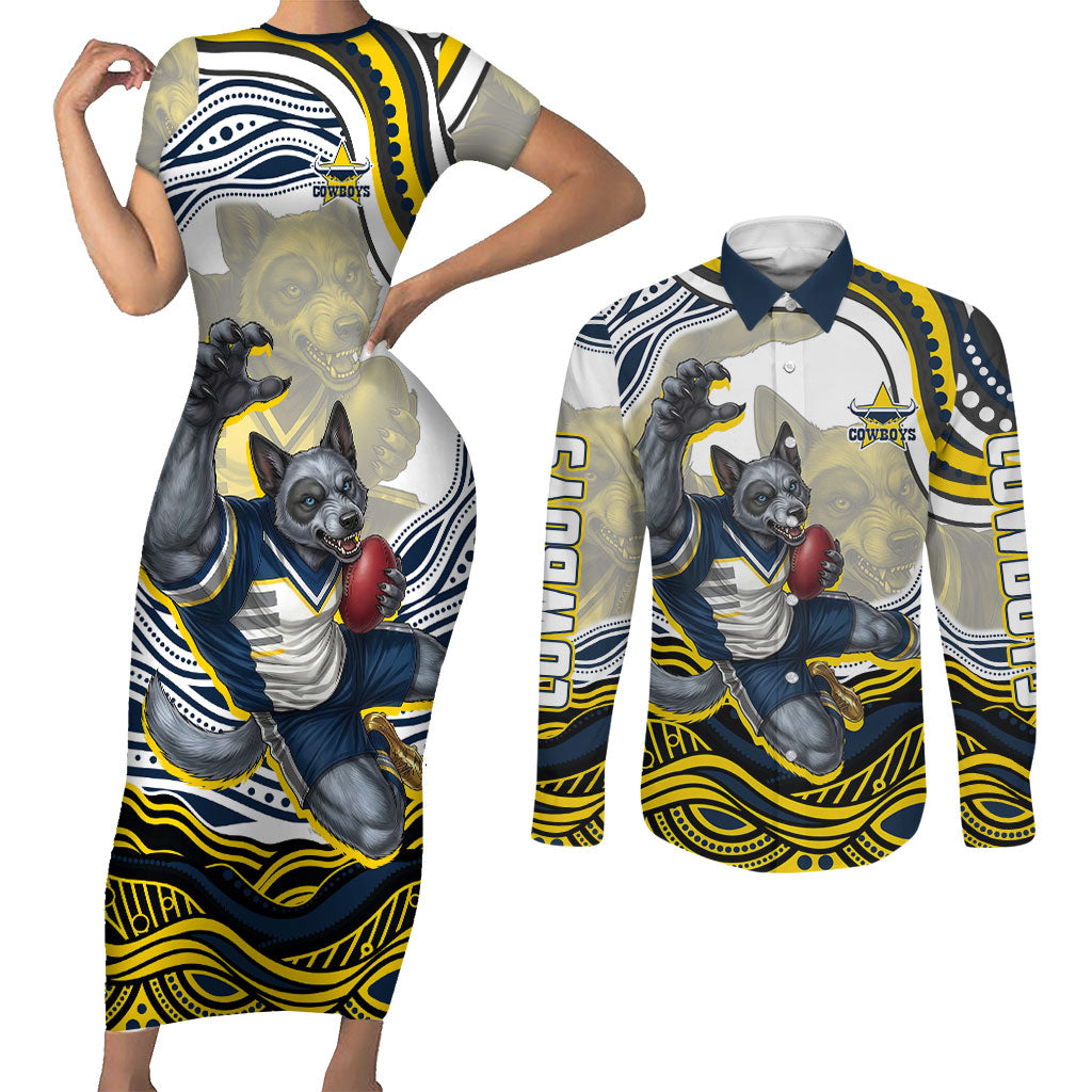Personalized Melbourne Storm Couples Matching Short Sleeve Bodycon Dress and Long Sleeve Button Shirt Aboriginal Dot Art - Dreamtime Rugby Mascot