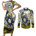 Personalized Melbourne Storm Couples Matching Short Sleeve Bodycon Dress and Long Sleeve Button Shirt Aboriginal Dot Art - Dreamtime Rugby Mascot