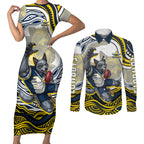 Personalized Melbourne Storm Couples Matching Short Sleeve Bodycon Dress and Long Sleeve Button Shirt Aboriginal Dot Art - Dreamtime Rugby Mascot