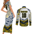 Personalized Melbourne Storm Couples Matching Short Sleeve Bodycon Dress and Long Sleeve Button Shirt Aboriginal Dot Art - Dreamtime Rugby Mascot