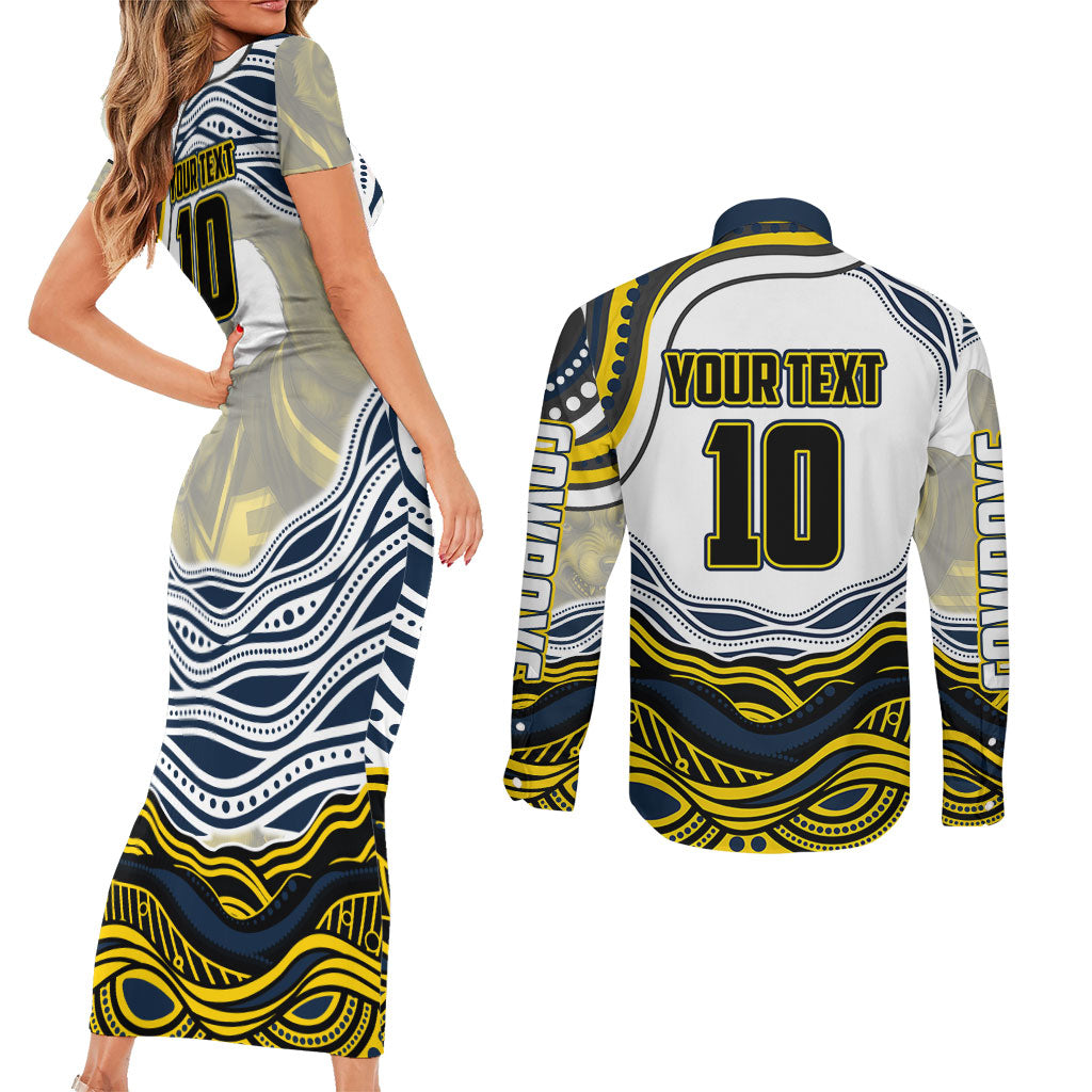 Personalized Melbourne Storm Couples Matching Short Sleeve Bodycon Dress and Long Sleeve Button Shirt Aboriginal Dot Art - Dreamtime Rugby Mascot