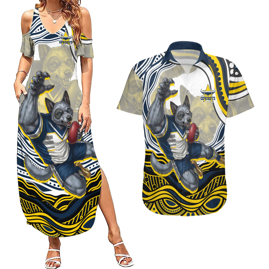 Personalized Melbourne Storm Couples Matching Summer Maxi Dress and Hawaiian Shirt Aboriginal Dot Art - Dreamtime Rugby Mascot