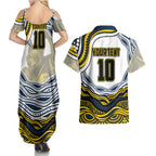 Personalized Melbourne Storm Couples Matching Summer Maxi Dress and Hawaiian Shirt Aboriginal Dot Art - Dreamtime Rugby Mascot