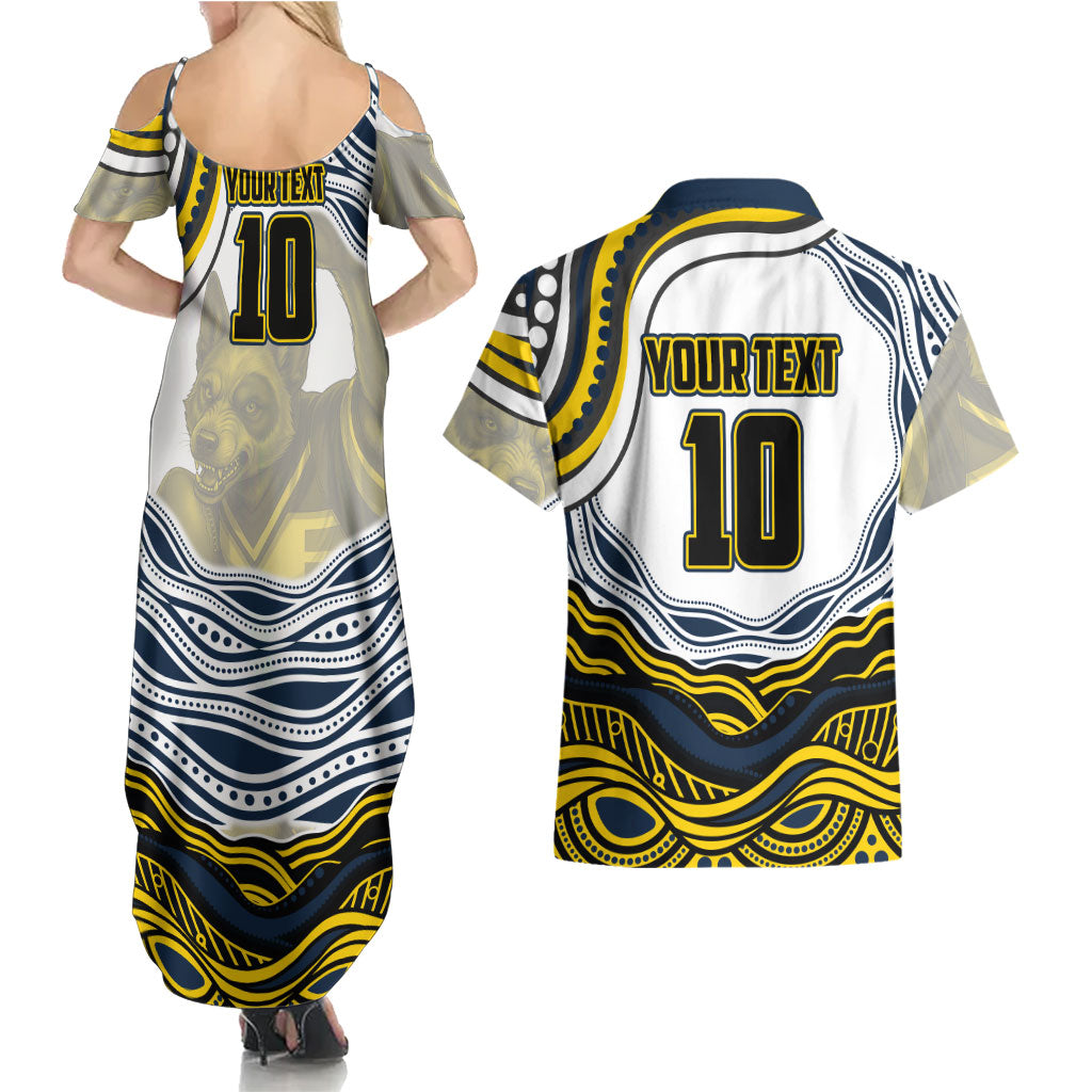 Personalized Melbourne Storm Couples Matching Summer Maxi Dress and Hawaiian Shirt Aboriginal Dot Art - Dreamtime Rugby Mascot