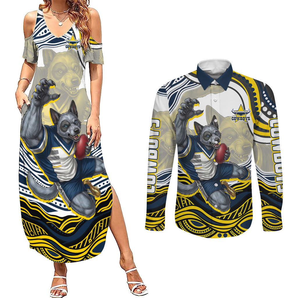 Personalized Melbourne Storm Couples Matching Summer Maxi Dress and Long Sleeve Button Shirt Aboriginal Dot Art - Dreamtime Rugby Mascot