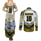 Personalized Melbourne Storm Couples Matching Summer Maxi Dress and Long Sleeve Button Shirt Aboriginal Dot Art - Dreamtime Rugby Mascot