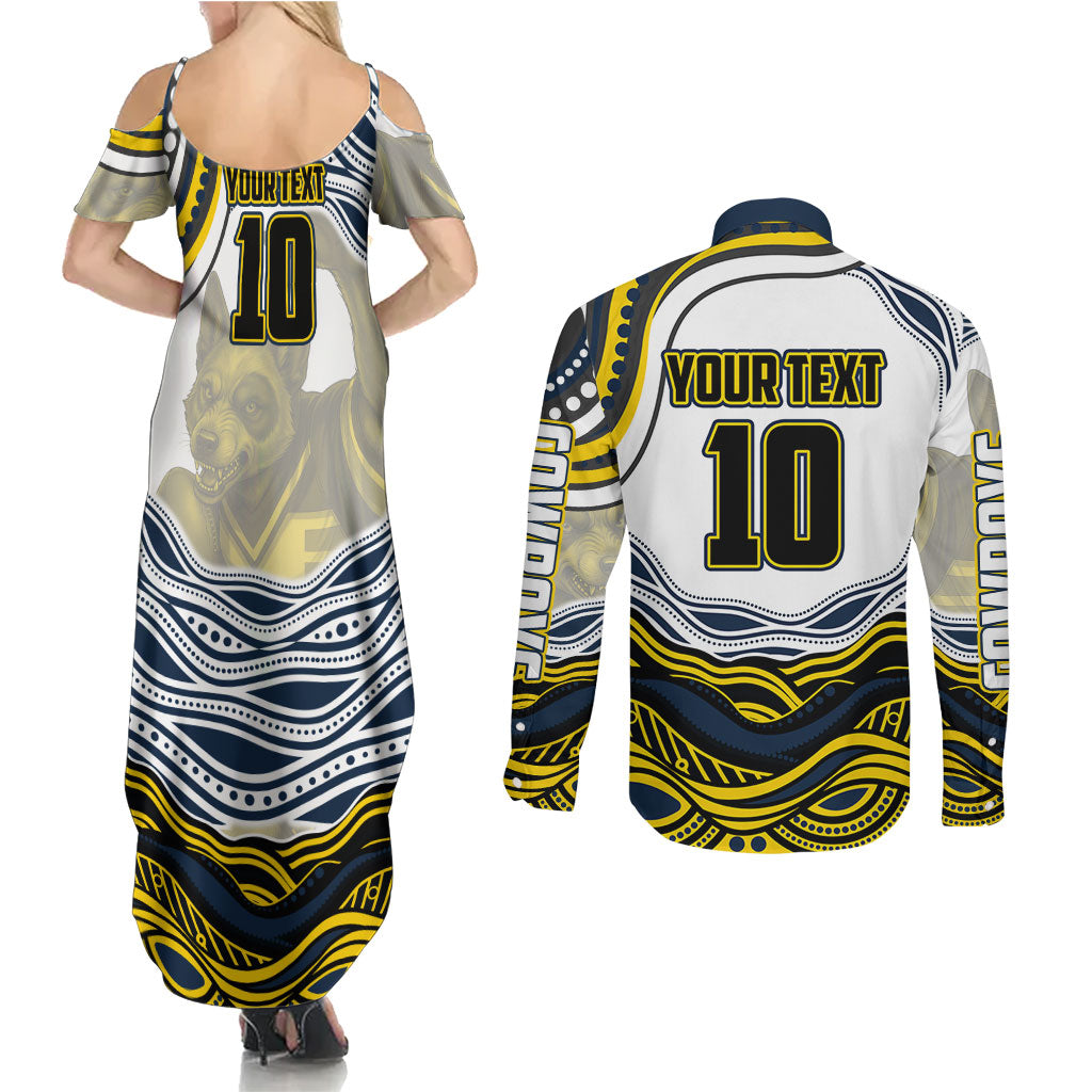 Personalized Melbourne Storm Couples Matching Summer Maxi Dress and Long Sleeve Button Shirt Aboriginal Dot Art - Dreamtime Rugby Mascot