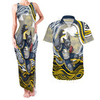 Personalized Melbourne Storm Couples Matching Tank Maxi Dress and Hawaiian Shirt Aboriginal Dot Art - Dreamtime Rugby Mascot