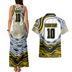 Personalized Melbourne Storm Couples Matching Tank Maxi Dress and Hawaiian Shirt Aboriginal Dot Art - Dreamtime Rugby Mascot