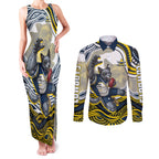 Personalized Melbourne Storm Couples Matching Tank Maxi Dress and Long Sleeve Button Shirt Aboriginal Dot Art - Dreamtime Rugby Mascot