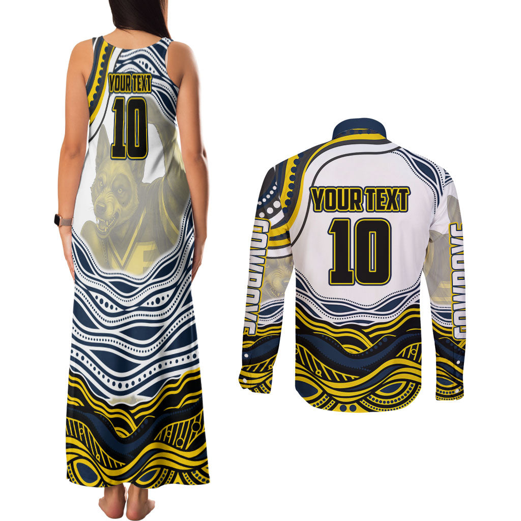 Personalized Melbourne Storm Couples Matching Tank Maxi Dress and Long Sleeve Button Shirt Aboriginal Dot Art - Dreamtime Rugby Mascot