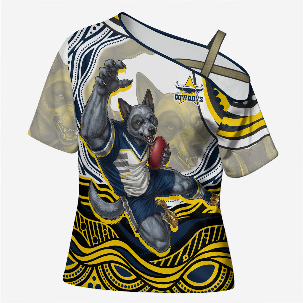 Personalized Melbourne Storm Cross Shoulder Shirt Aboriginal Dot Art - Dreamtime Rugby Mascot