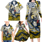 Personalized Melbourne Storm Family Matching Long Sleeve Bodycon Dress and Hawaiian Shirt Aboriginal Dot Art - Dreamtime Rugby Mascot