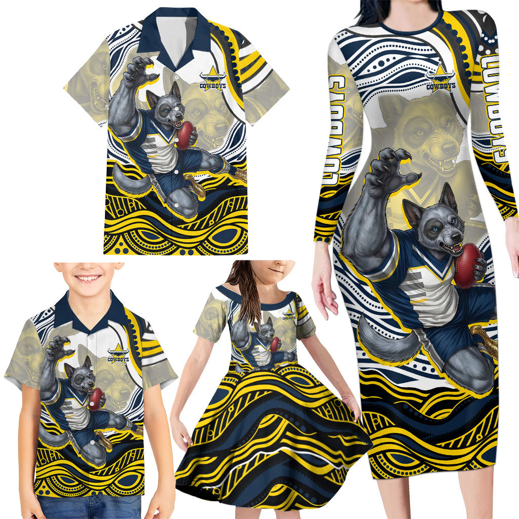 Personalized Melbourne Storm Family Matching Long Sleeve Bodycon Dress and Hawaiian Shirt Aboriginal Dot Art - Dreamtime Rugby Mascot
