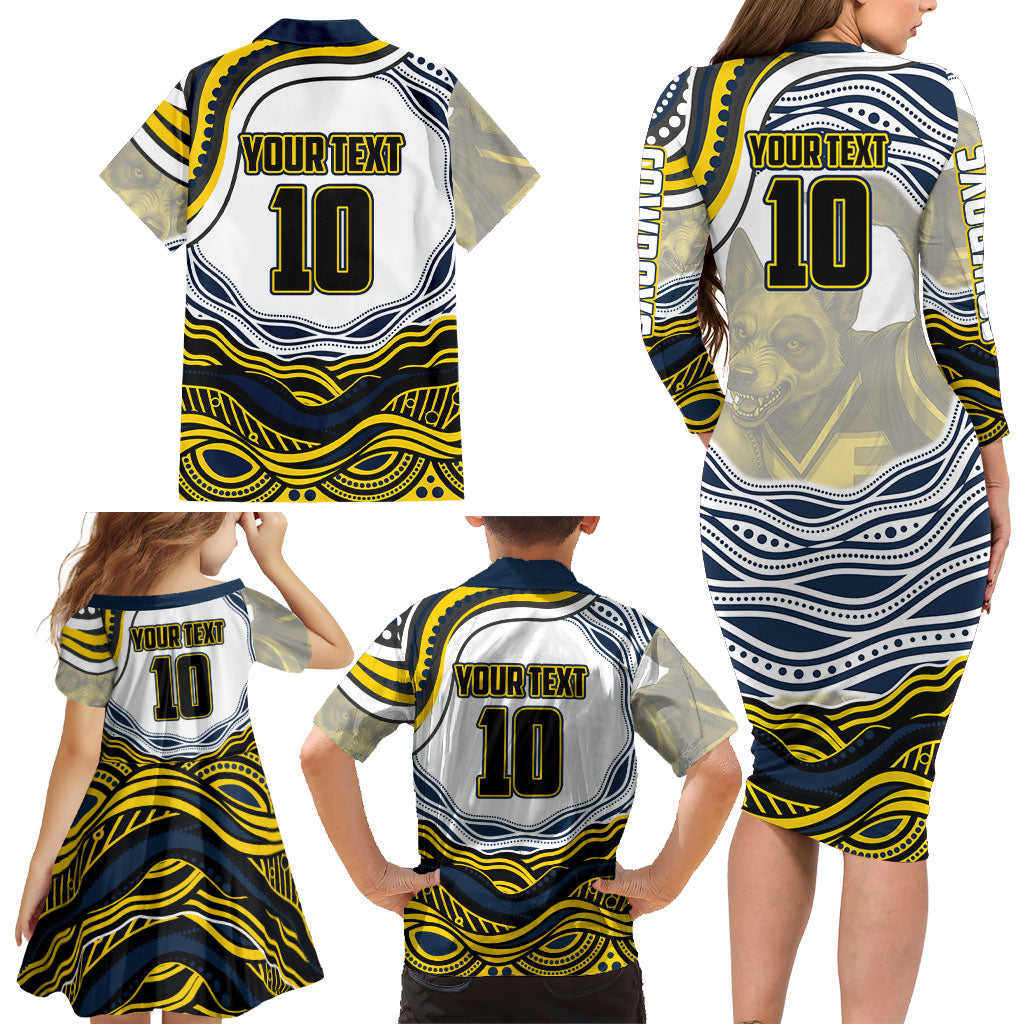 Personalized Melbourne Storm Family Matching Long Sleeve Bodycon Dress and Hawaiian Shirt Aboriginal Dot Art - Dreamtime Rugby Mascot