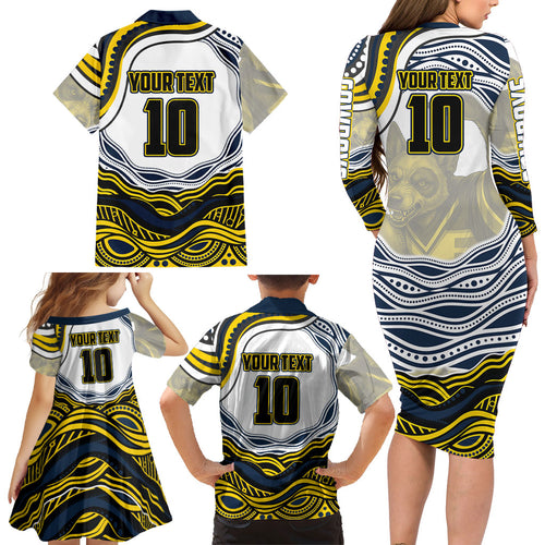 Personalized Melbourne Storm Family Matching Long Sleeve Bodycon Dress and Hawaiian Shirt Aboriginal Dot Art - Dreamtime Rugby Mascot