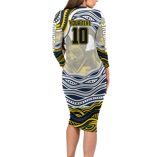 Personalized Melbourne Storm Family Matching Long Sleeve Bodycon Dress and Hawaiian Shirt Aboriginal Dot Art - Dreamtime Rugby Mascot