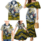 Personalized Melbourne Storm Family Matching Mermaid Dress and Hawaiian Shirt Aboriginal Dot Art - Dreamtime Rugby Mascot