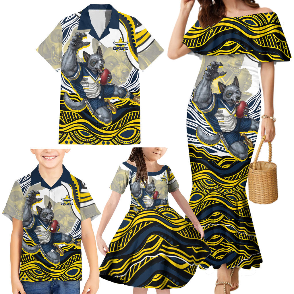 Personalized Melbourne Storm Family Matching Mermaid Dress and Hawaiian Shirt Aboriginal Dot Art - Dreamtime Rugby Mascot