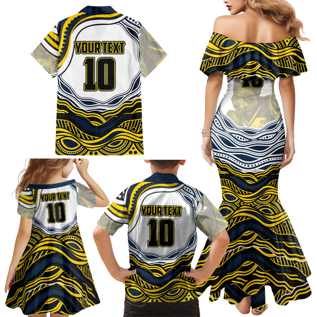 Personalized Melbourne Storm Family Matching Mermaid Dress and Hawaiian Shirt Aboriginal Dot Art - Dreamtime Rugby Mascot