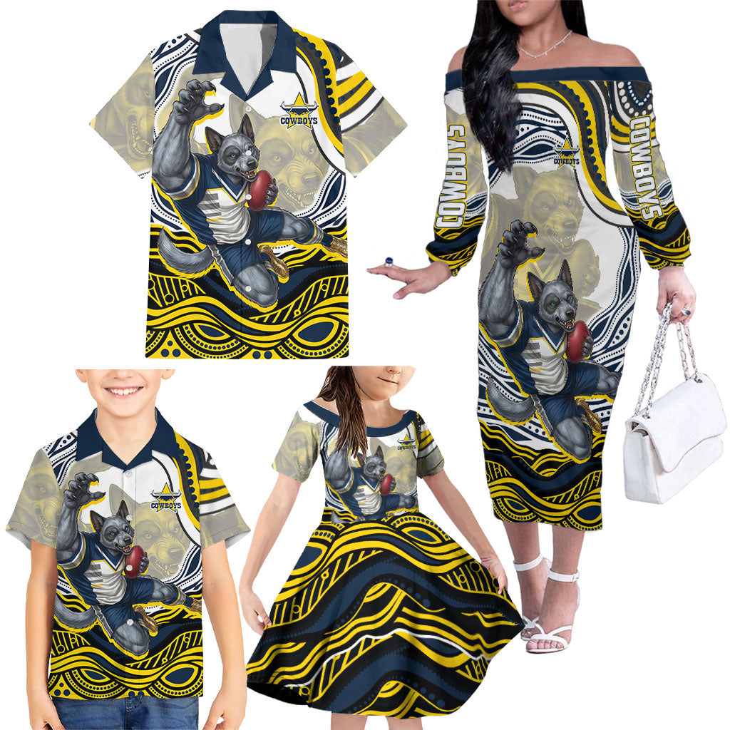 Personalized Melbourne Storm Family Matching Off The Shoulder Long Sleeve Dress and Hawaiian Shirt Aboriginal Dot Art - Dreamtime Rugby Mascot