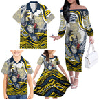 Personalized Melbourne Storm Family Matching Off The Shoulder Long Sleeve Dress and Hawaiian Shirt Aboriginal Dot Art - Dreamtime Rugby Mascot