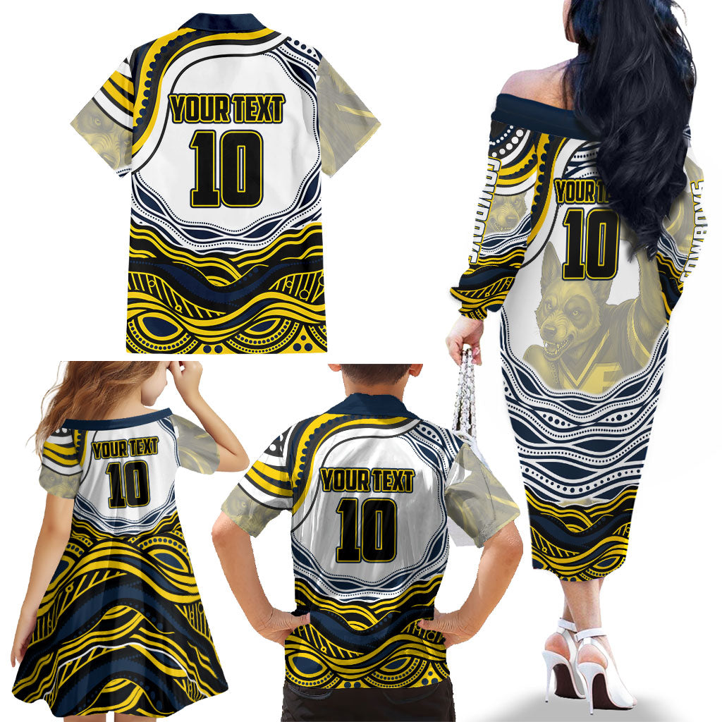 Personalized Melbourne Storm Family Matching Off The Shoulder Long Sleeve Dress and Hawaiian Shirt Aboriginal Dot Art - Dreamtime Rugby Mascot