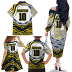 Personalized Melbourne Storm Family Matching Off The Shoulder Long Sleeve Dress and Hawaiian Shirt Aboriginal Dot Art - Dreamtime Rugby Mascot
