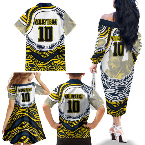 Personalized Melbourne Storm Family Matching Off The Shoulder Long Sleeve Dress and Hawaiian Shirt Aboriginal Dot Art - Dreamtime Rugby Mascot