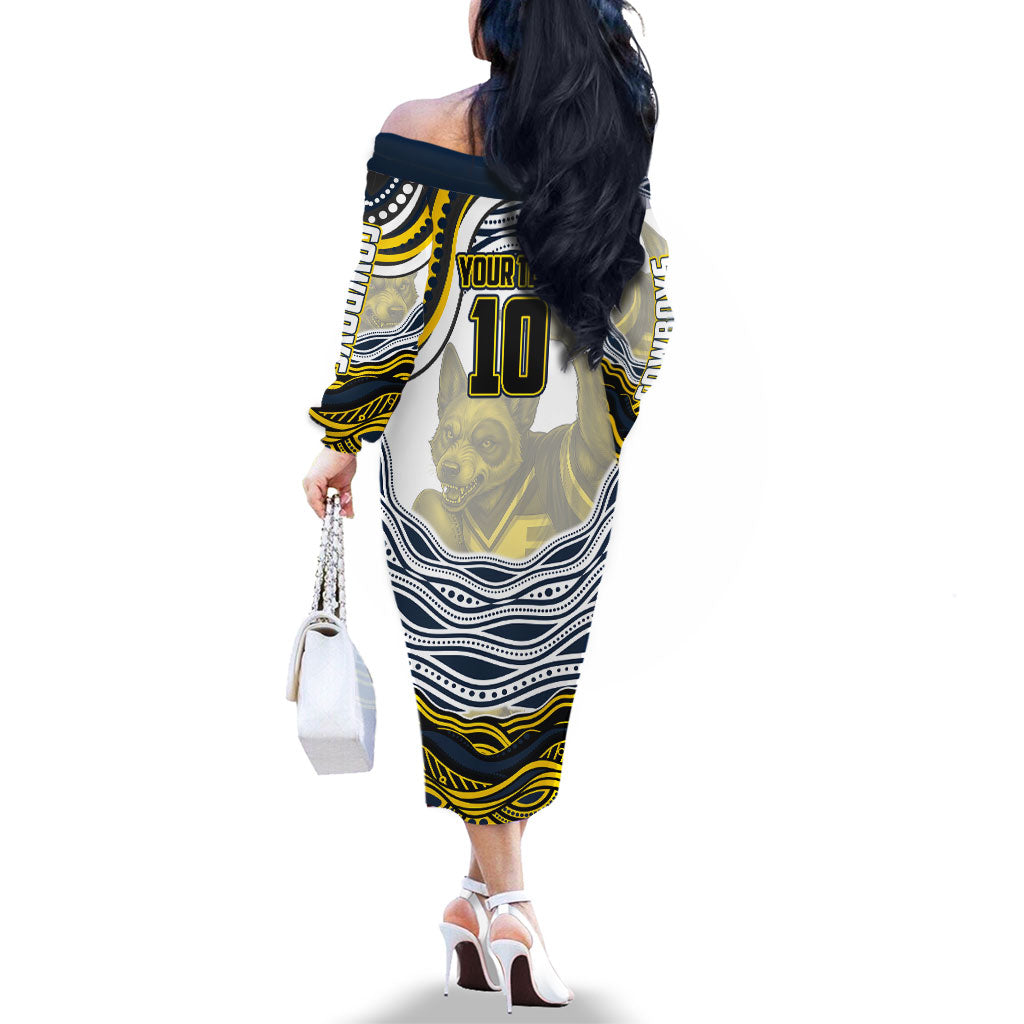 Personalized Melbourne Storm Family Matching Off The Shoulder Long Sleeve Dress and Hawaiian Shirt Aboriginal Dot Art - Dreamtime Rugby Mascot