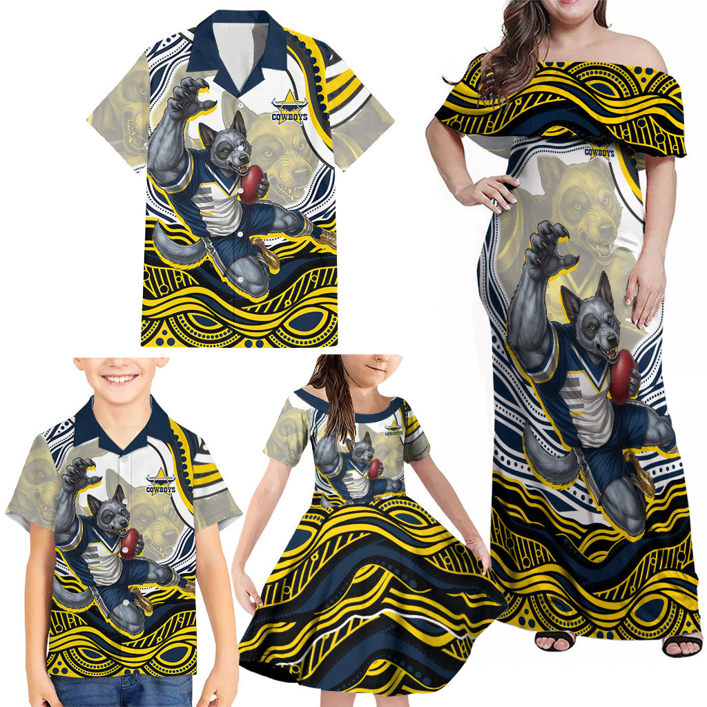 Personalized Melbourne Storm Family Matching Off Shoulder Maxi Dress and Hawaiian Shirt Aboriginal Dot Art - Dreamtime Rugby Mascot