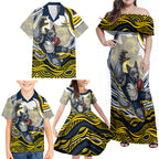 Personalized Melbourne Storm Family Matching Off Shoulder Maxi Dress and Hawaiian Shirt Aboriginal Dot Art - Dreamtime Rugby Mascot