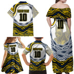Personalized Melbourne Storm Family Matching Off Shoulder Maxi Dress and Hawaiian Shirt Aboriginal Dot Art - Dreamtime Rugby Mascot