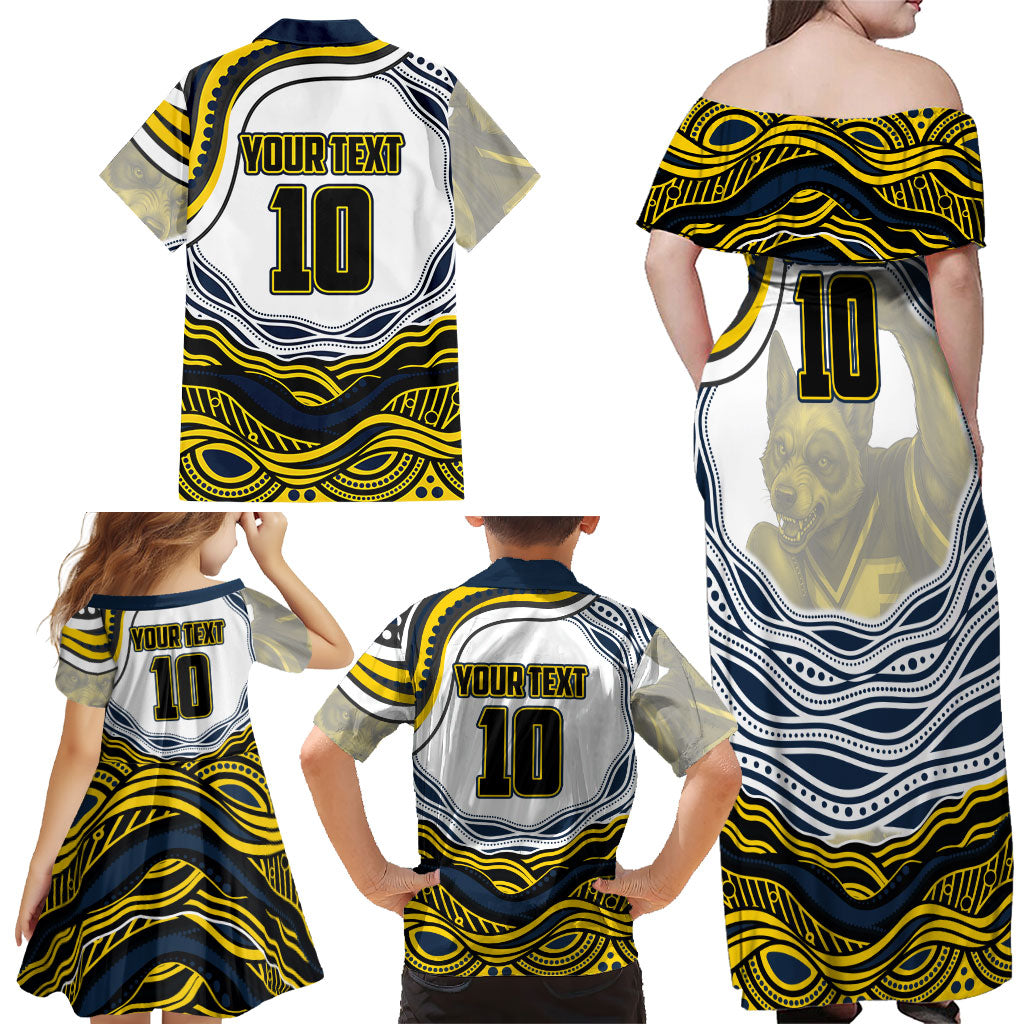 Personalized Melbourne Storm Family Matching Off Shoulder Maxi Dress and Hawaiian Shirt Aboriginal Dot Art - Dreamtime Rugby Mascot